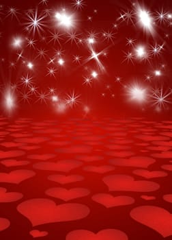 Background with shines, sparks, heart. A red background