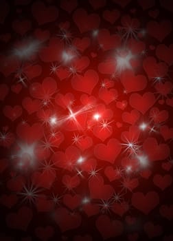 Background with shines, sparks, heart. A red background