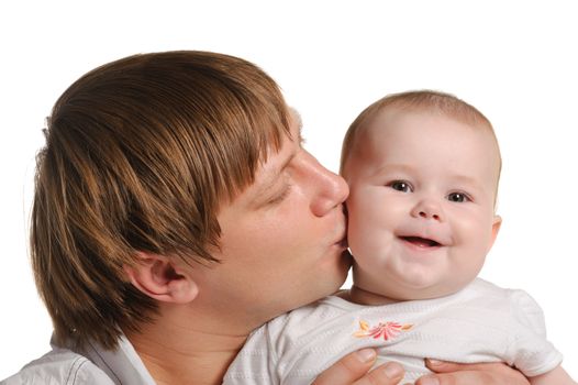 The father and the daughter. The child age of 8 months. It is isolated on a white background