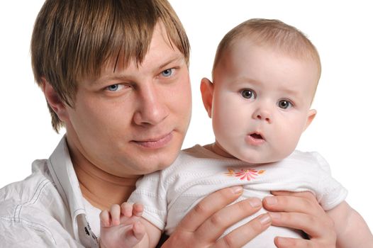 The father and the daughter. The child age of 8 months. It is isolated on a white background