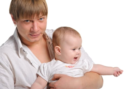 The father and the daughter. The child age of 8 months. It is isolated on a white background