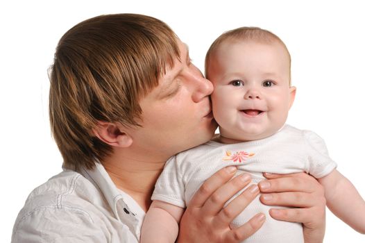 The father and the daughter. The child age of 8 months. It is isolated on a white background