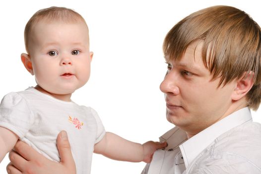 The father and the daughter. The child age of 8 months. It is isolated on a white background