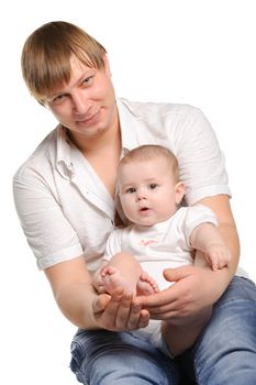 The father and the daughter. The child age of 8 months. It is isolated on a white background