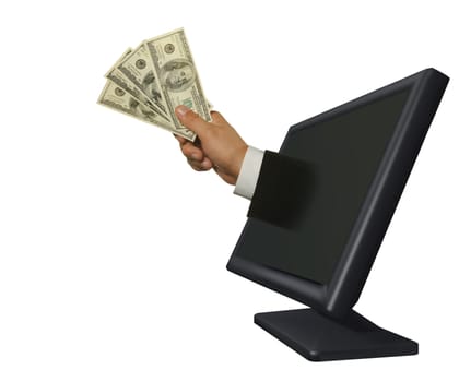 Getting money from monitor. It is isolated on a white background