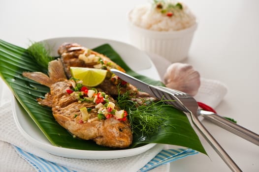 Fresh fried fish with chili sauce garlic and dill