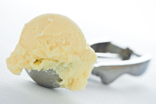 Vanilla ice cream with serving scoop