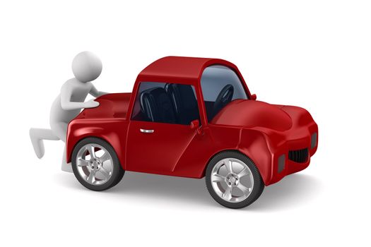 man pushes broken car. Isolated 3D image