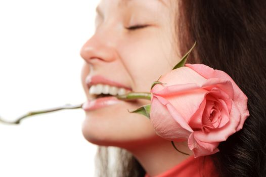 The woman with a rose closeup. Isolated on white