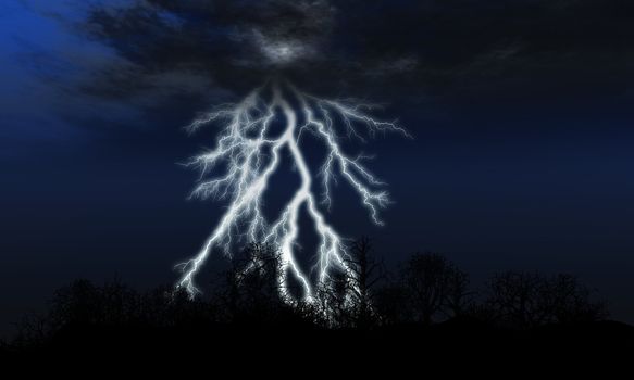 Lightning. Bright flash of a lightning above forest