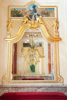 Reflection in mirrors. Foyer of opera theatre of city of Lvov. Multiplicity reflection in mirrors