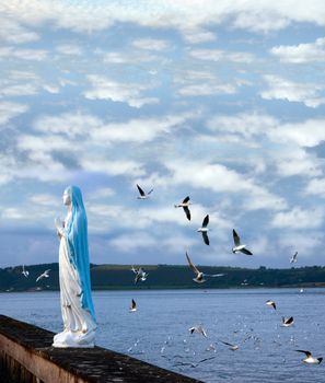 statue of the virgin mary with seagulls