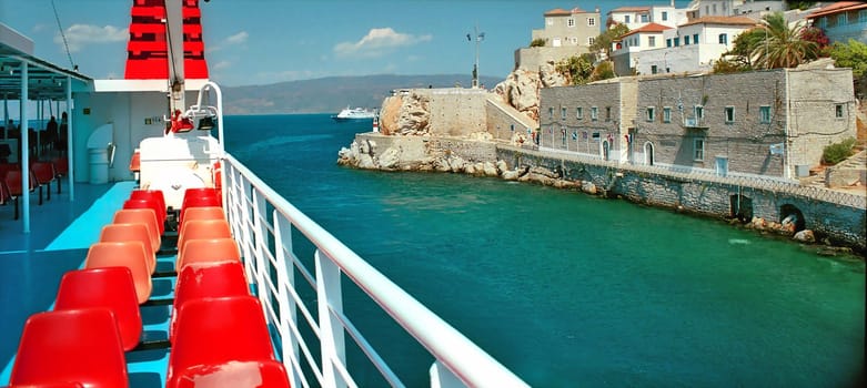 Deck of boat with red seats and fortress on the shore