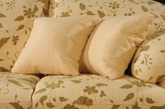 Close up a two pillows laying on a sofa