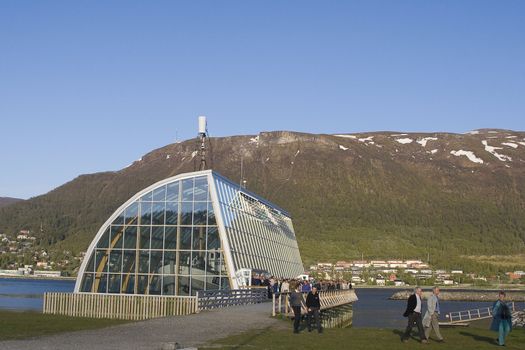 The famous polar museum in Tromso, with the ship "fram" framed in glass as a part of the exhibition. 