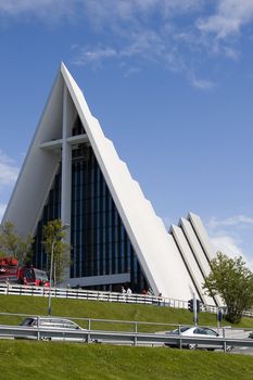 Tromsdalen Church (Ishavskatedralen), a famous landmark and tourist attraction in Tromso, Norway. 