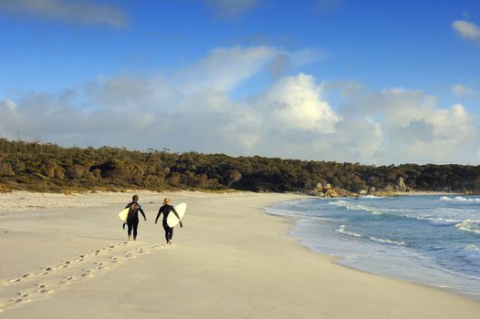 Two women surfers walk along a sandy beach on the Bay of Fires, Tasmania. Photo taken in the early morning.. Space for copy in the sky.