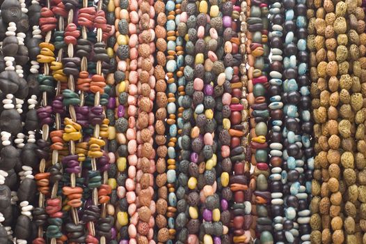 Bead necklaces hanging for sale in a market in Mexico