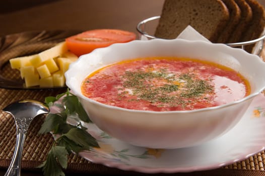 Vegetarian soup, china plate, tomato, cheese, rye bread