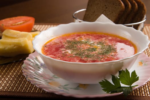 Vegetarian soup, china plate, tomato, cheese, rye bread