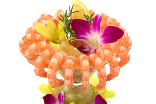 Gourmet large shrimp cocktail with beautiful exotic orchids