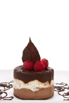 Chocolate cheese cake with rapsberries and copy space
