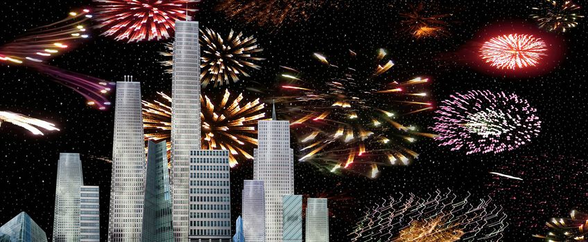 a city view of a firework celebrations