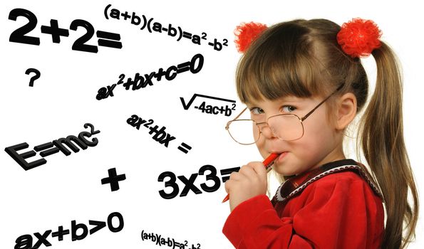 The girl and mathematical formulas. It is isolated on a white background
