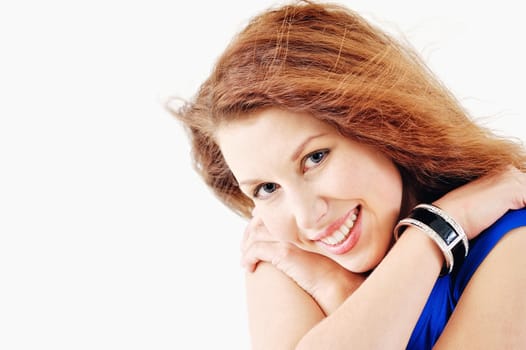 Portrait of smiling young woman. Isolated on white background