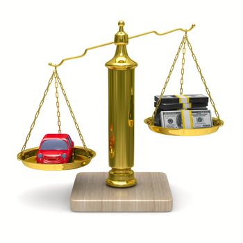 car and cashes on scales. Isolated 3D image