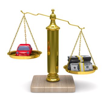 car and cashes on scales. Isolated 3D image