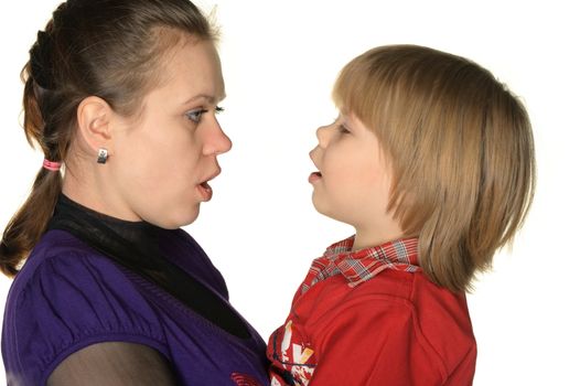 Mum with the son. It is isolated on a white background