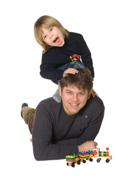 The daddy with the son. It is isolated on a white background