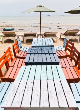 Tables, chairs, colorful. Side of the seafood restaurants. The eastern part of Thailand.