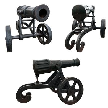 Three views of old cannon over the white background