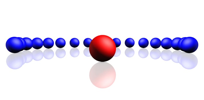 Unique red sphere with a row of dark blue spheres. Reflection, a soft shadow is isolated on a white background,