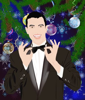 The elegant man in a classical tuxedo on a New Year's background