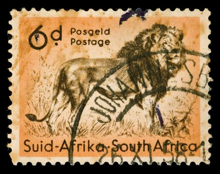 Vintage cancelled postage stamp with lion illustration. South Africa, Johannesburg, 1958.