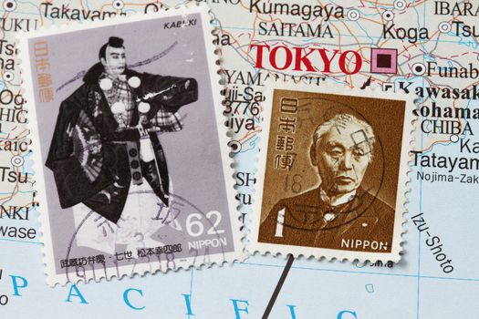 Japan mail postage stamp with a kabuki warrior.
