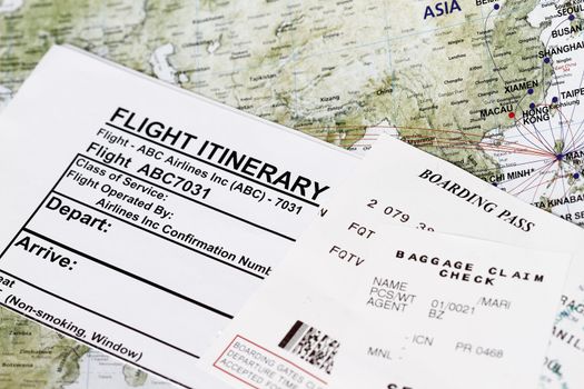 Boarding pass baggage check and flight schedule.