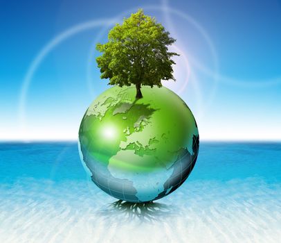 Terrestrial globe on the water with roots and tree, the concept of ecology and purity