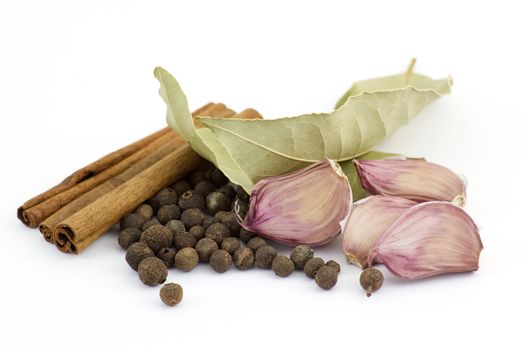 Garlic, laurel, cinnamon sticks and pepper on white background 