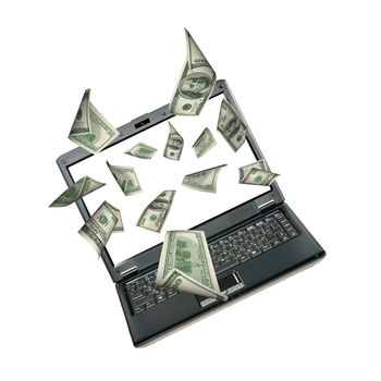 Laptop and dollars. Money taking off from the screen