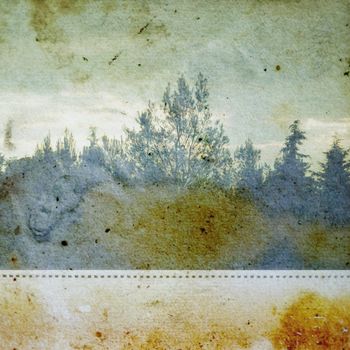 Discolorated vintage photograph of trees in a forest on stained paper background. Abstract illustration.