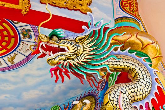 A statue of a dragon on a pole in the Chinese temple in the daytime.