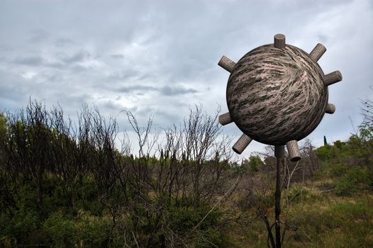 Sphere in the woods. Abstract 3d futuristic illustration.