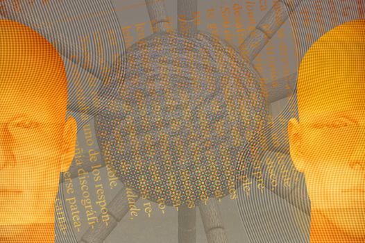 Male figures and abstract geometric shape. 3d digitally created futuristic illustration.