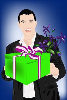 The enamoured elegant man gives a gift for favourite and a beautiful bunch of flowers 