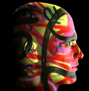 Male portrait covered with messy graffiti tags. 3d digitally created illustration.