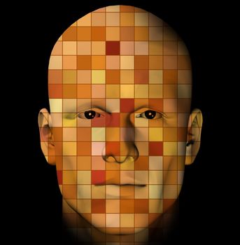 Male portrait with colorful squares pattern. 3d digitally created illustration.
